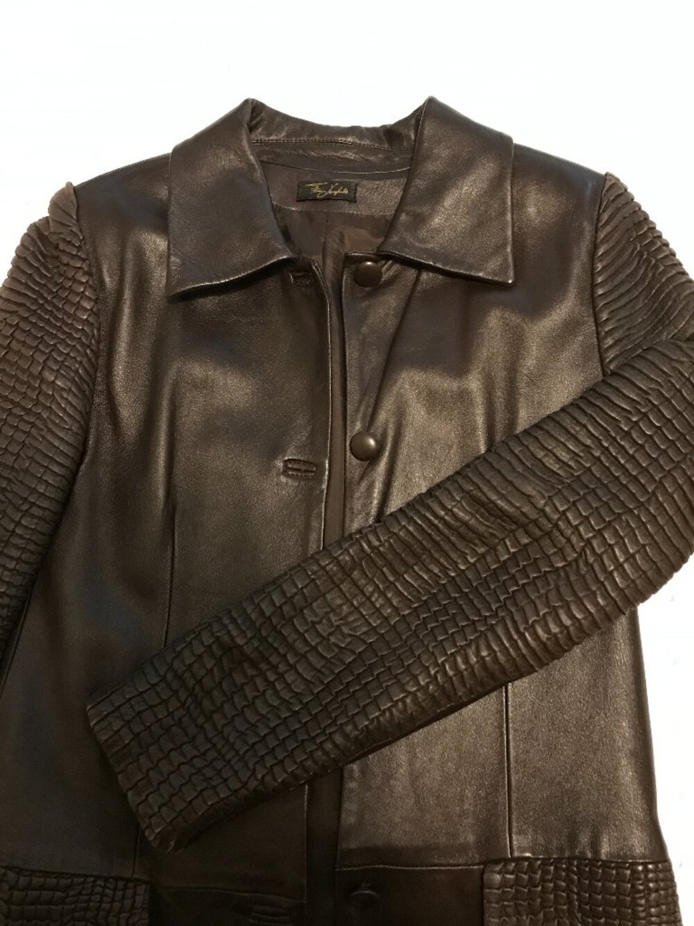 Vintage Italian Brown Lambskin Leather Coat  Embossed Textured Sleeves
